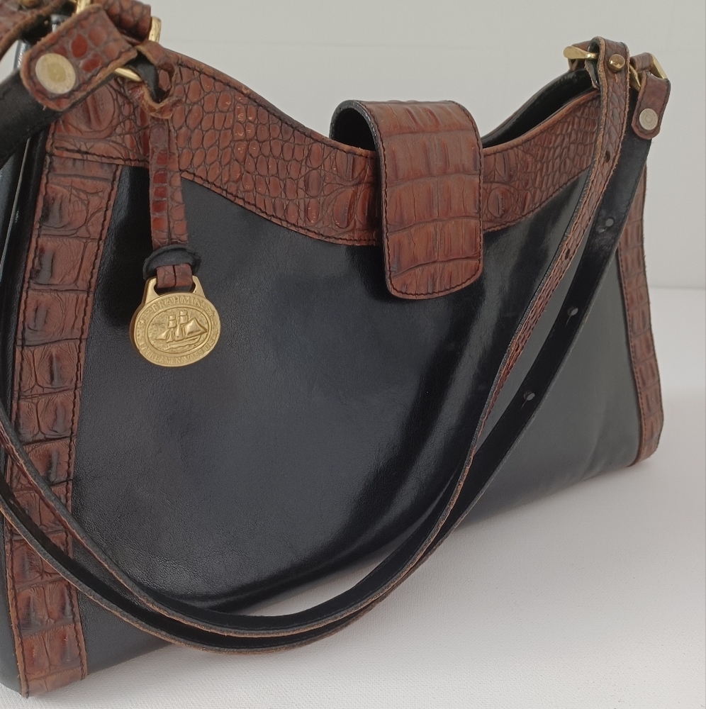 Brahmin Double Handle Shoulderbag Black with Brown Croc Embossed Leather Trim